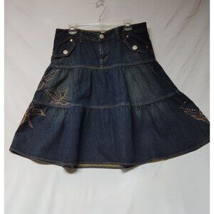 Whistles Denim A-Line Skirt Embroidered Bird Design & Stud Details Womens Size 1